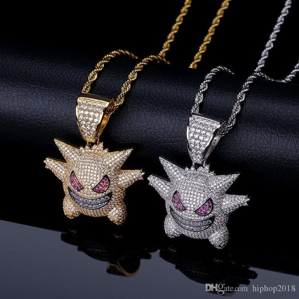 mens hip hop cartoon pendant necklace iced out purple gengar pendant necklace fashion necklace jewelry with 24inch gold chain, Silver